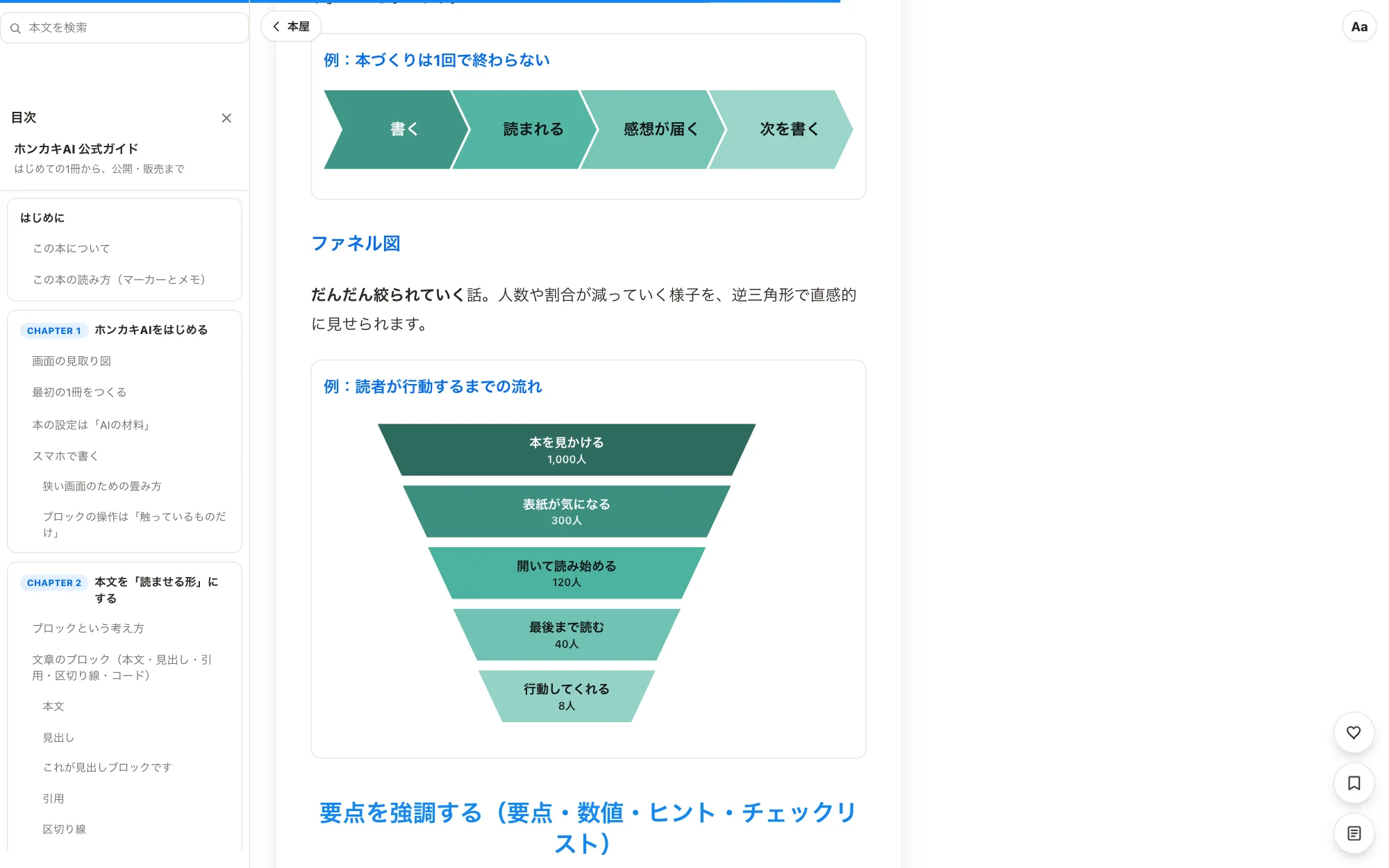 読者から見たページ。ステップ図とファネル図が本文の中に描かれている