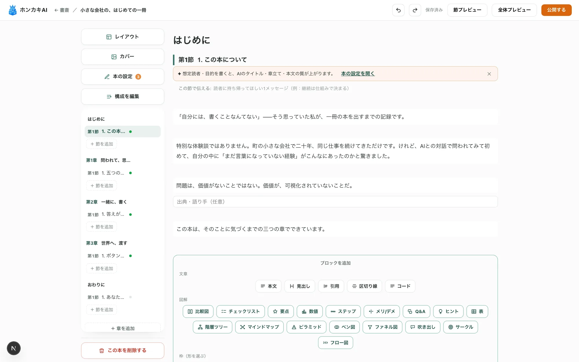 ホンカキAIのエディタ画面。左に章立て、中央に本文、下に25種類のブロック